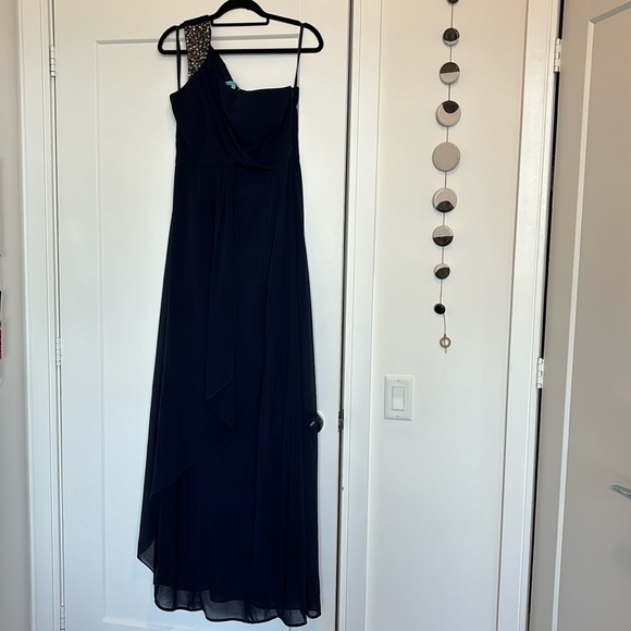 One Shoulder A-Line Floor-Length Dress Navy Blue Prom Medium - Picture 2 of 5